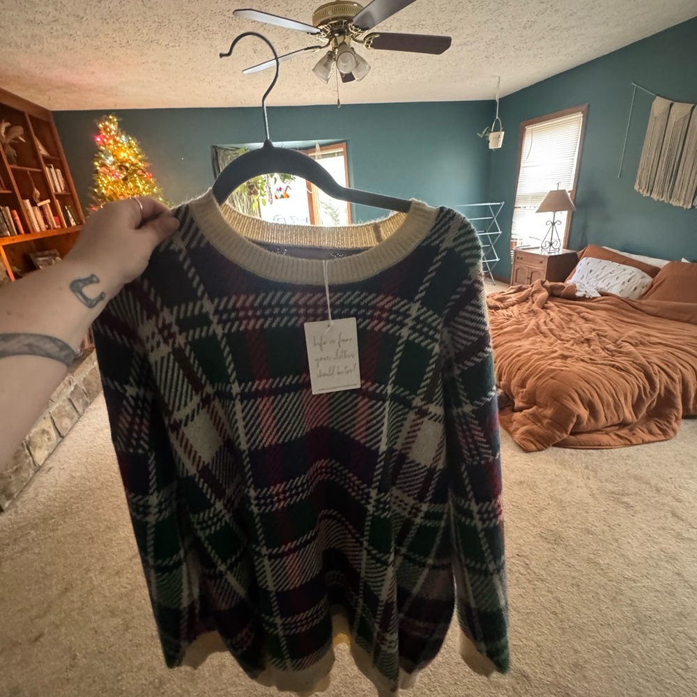Show Me Your MuMu Plaid Crewneck Sweater - Green, Red, Cream